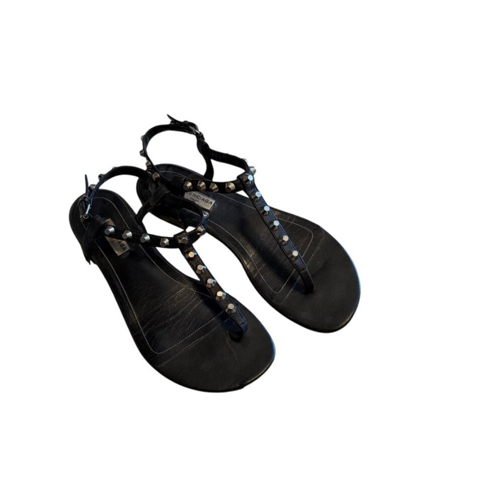 BALENCIAGA Arena Giant Black Studded T Strap Flat Leather Sandals Size 39 9